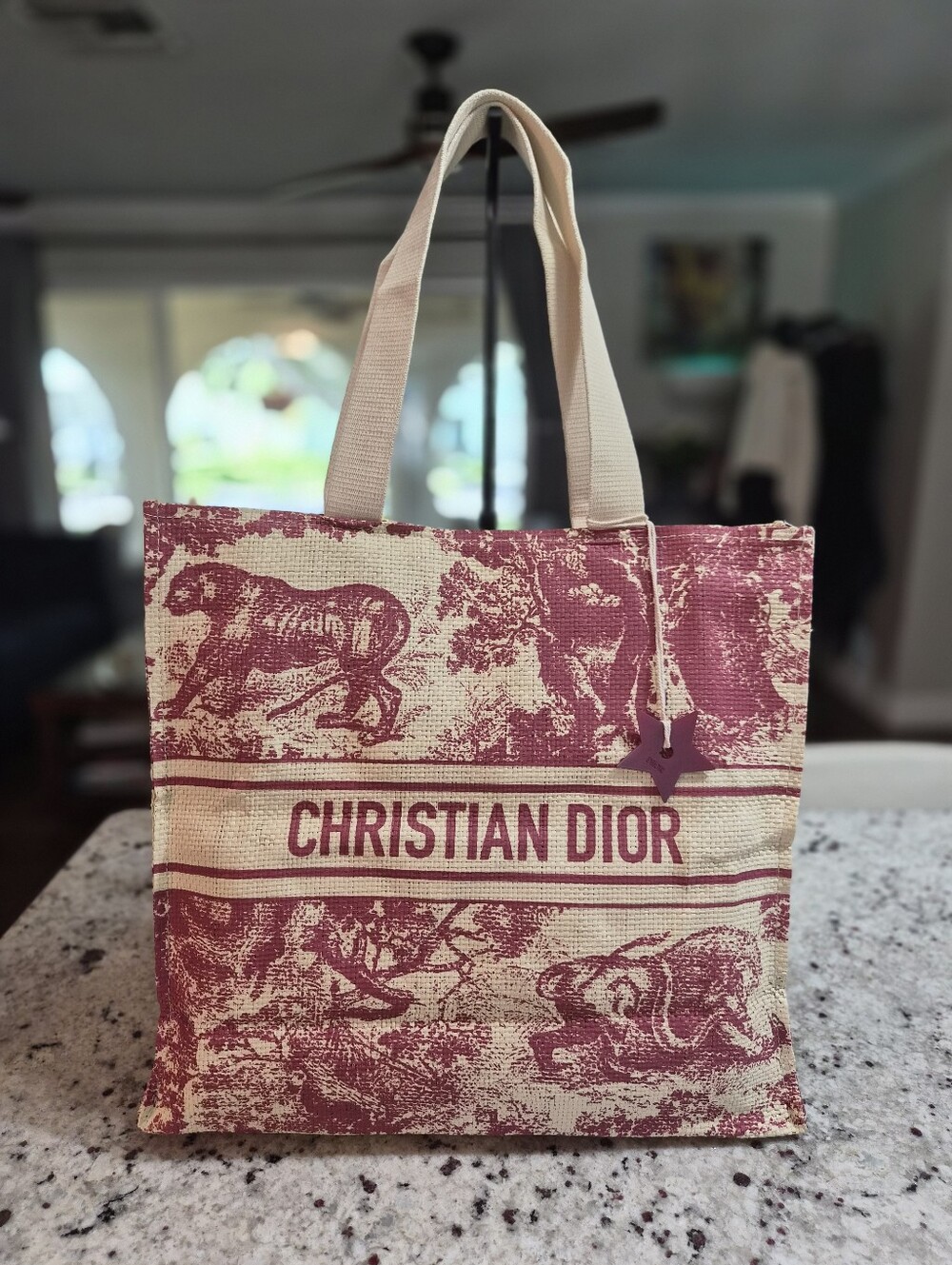 Dior Dioriviera Canvas Tote Bag GWP Burgundy Red Toile de Jouy Star